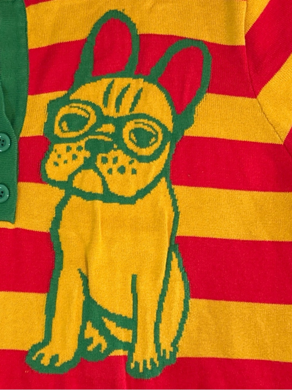 Striped V-Neck Polo Sweater with Dog Motif - Picture 3 of 6